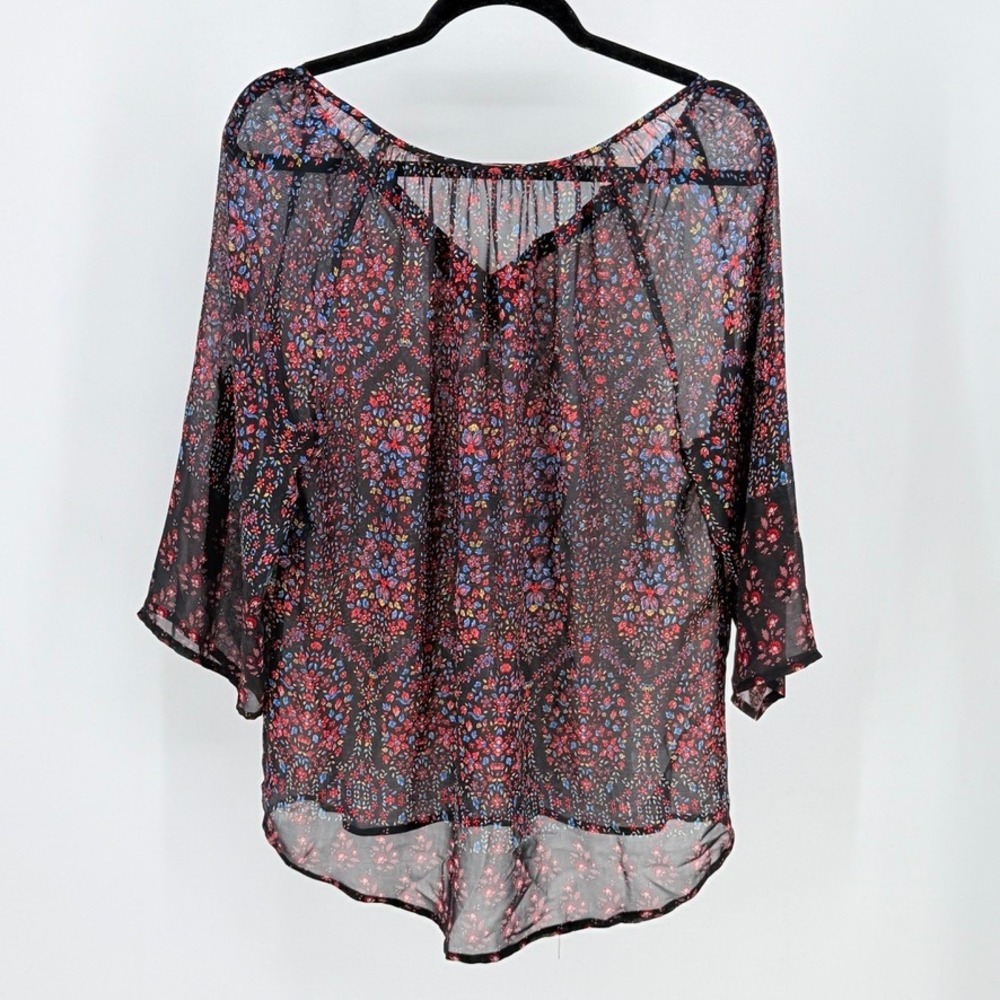 Sheer Floral Bohemian Peasant Blouse Black Red 3/4 Bell Sleeve sz L Fairy Grunge